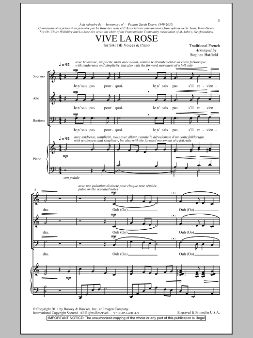 Stephen Hatfield Vive La Rose sheet music notes and chords arranged for SSA Choir