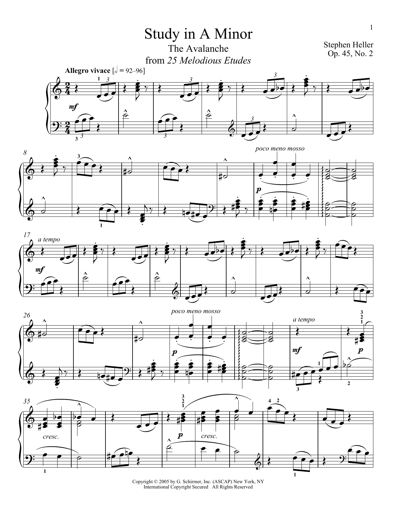 Stephen Heller Avalanche, Op. 45, No. 2 sheet music notes and chords arranged for Piano Solo