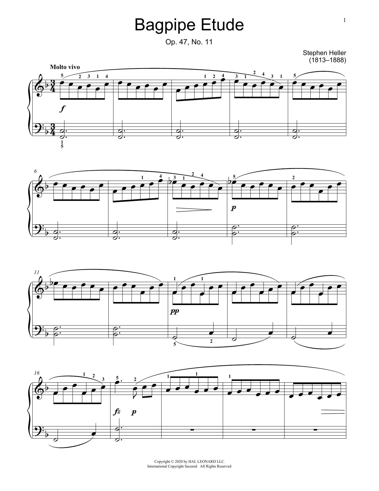 Stephen Heller Bagpipe Etude, Op. 47, No. 11 sheet music notes and chords arranged for Educational Piano