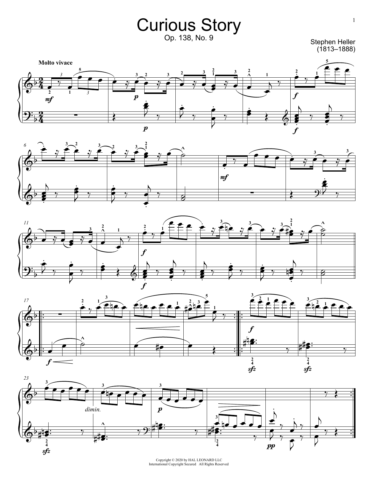 Stephen Heller Curious Story, Op. 138, No. 9 sheet music notes and chords arranged for Educational Piano