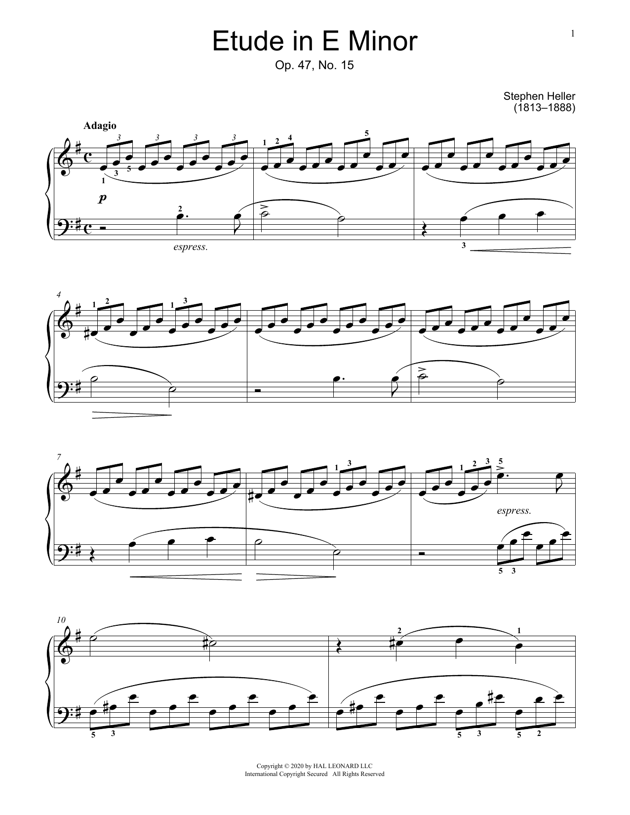Stephen Heller Etude In E Minor, Op. 47, No. 15 sheet music notes and chords arranged for Educational Piano