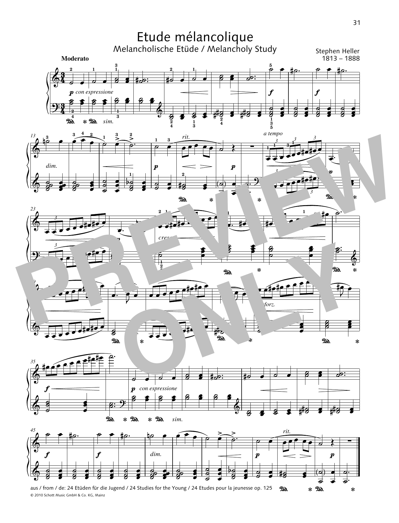 Stephen Heller Melancholy Study sheet music notes and chords arranged for Piano Solo