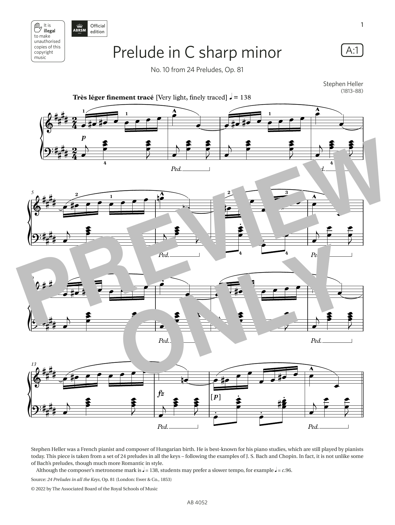 Stephen Heller Prelude in C sharp minor (Grade 6, list A1, from the ABRSM Piano Syllabus 2023 & 2024) sheet music notes and chords arranged for Piano Solo