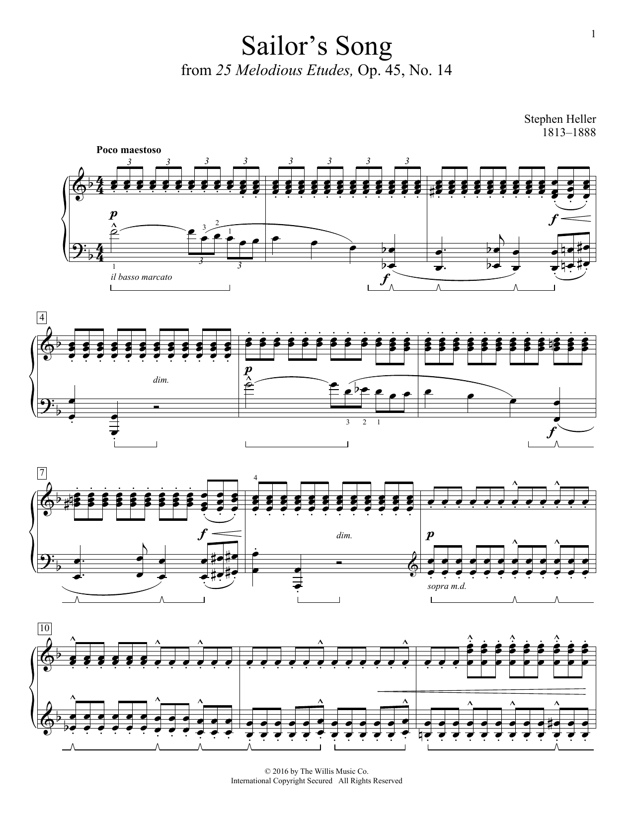 Stephen Heller Sailor's Song sheet music notes and chords arranged for Educational Piano