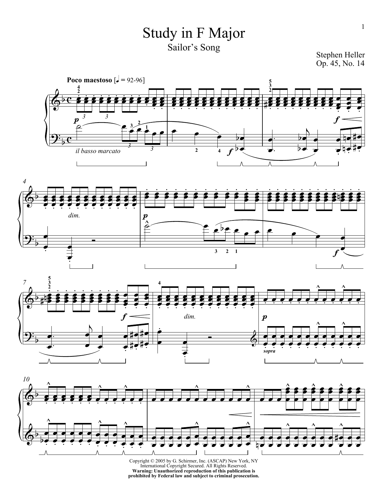 Stephen Heller Sailor's Song, Op. 45, No. 14 sheet music notes and chords arranged for Piano Solo