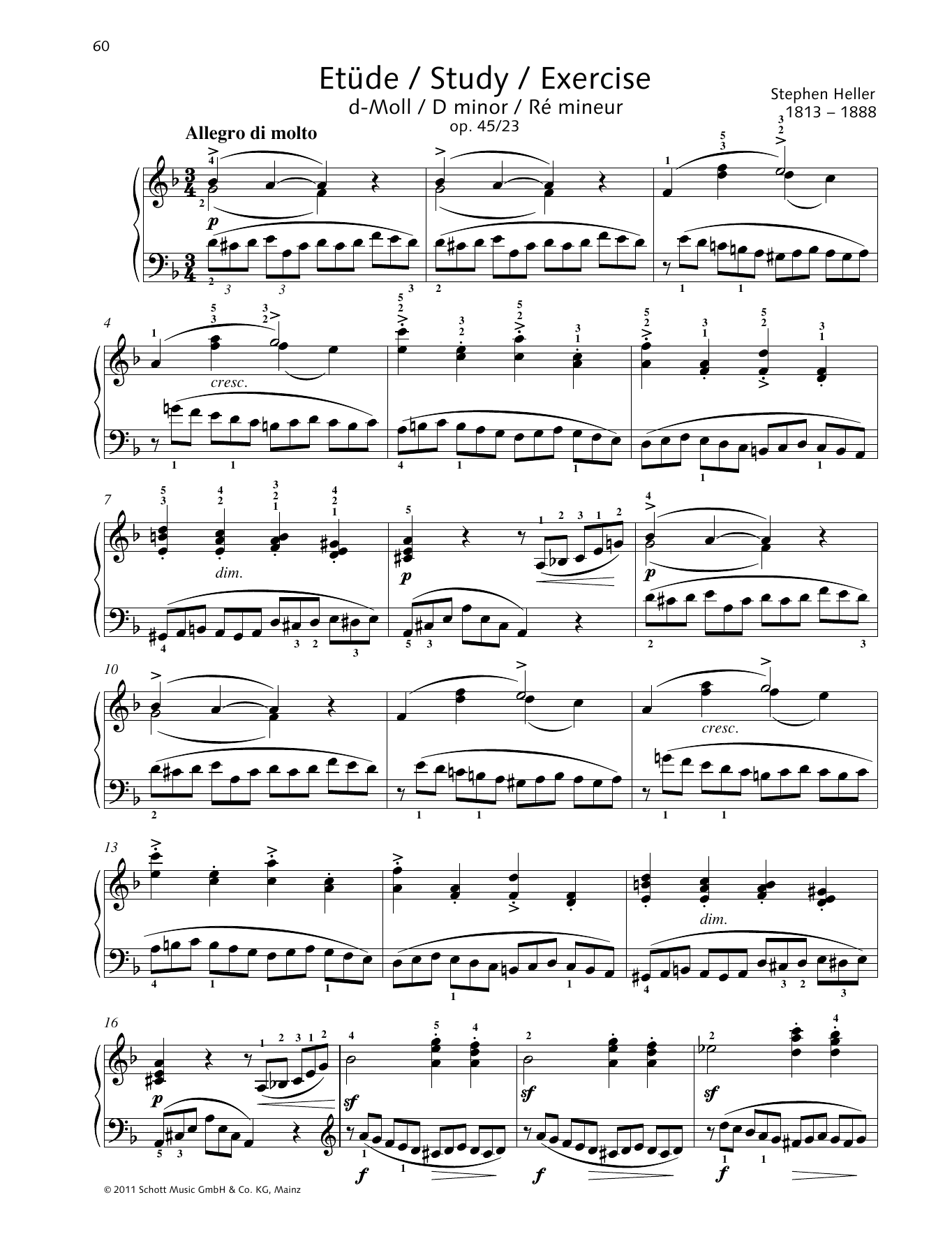 Stephen Heller Study D minor sheet music notes and chords arranged for Piano Solo