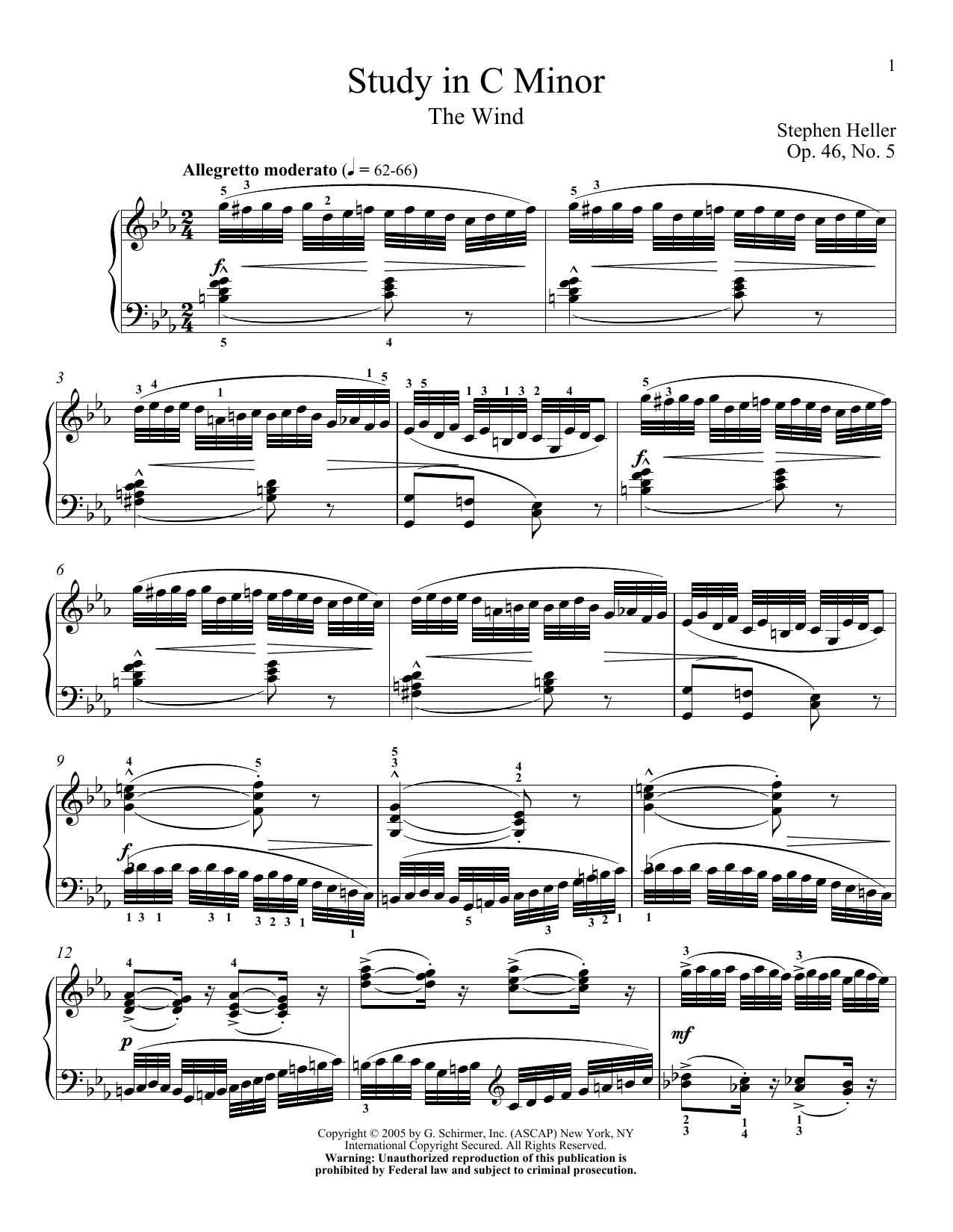 Stephen Heller Study In C Minor, Op. 47, No. 20 sheet music notes and chords arranged for Piano Solo
