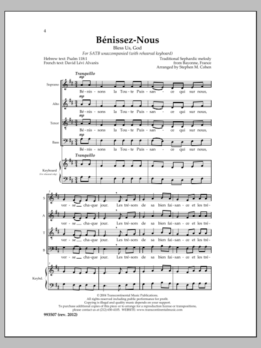 Stephen M. Cohen Benissez-Nous sheet music notes and chords arranged for SATB Choir