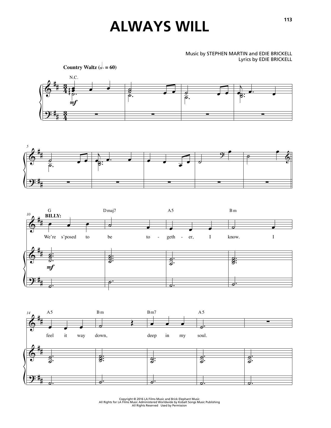 Stephen Martin & Edie Brickell Always Will sheet music notes and chords arranged for Piano & Vocal