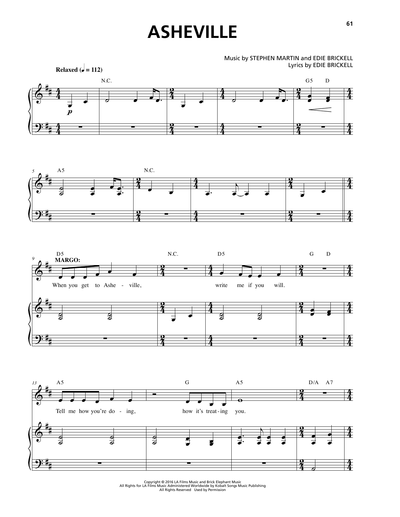 Stephen Martin & Edie Brickell Asheville sheet music notes and chords arranged for Piano & Vocal
