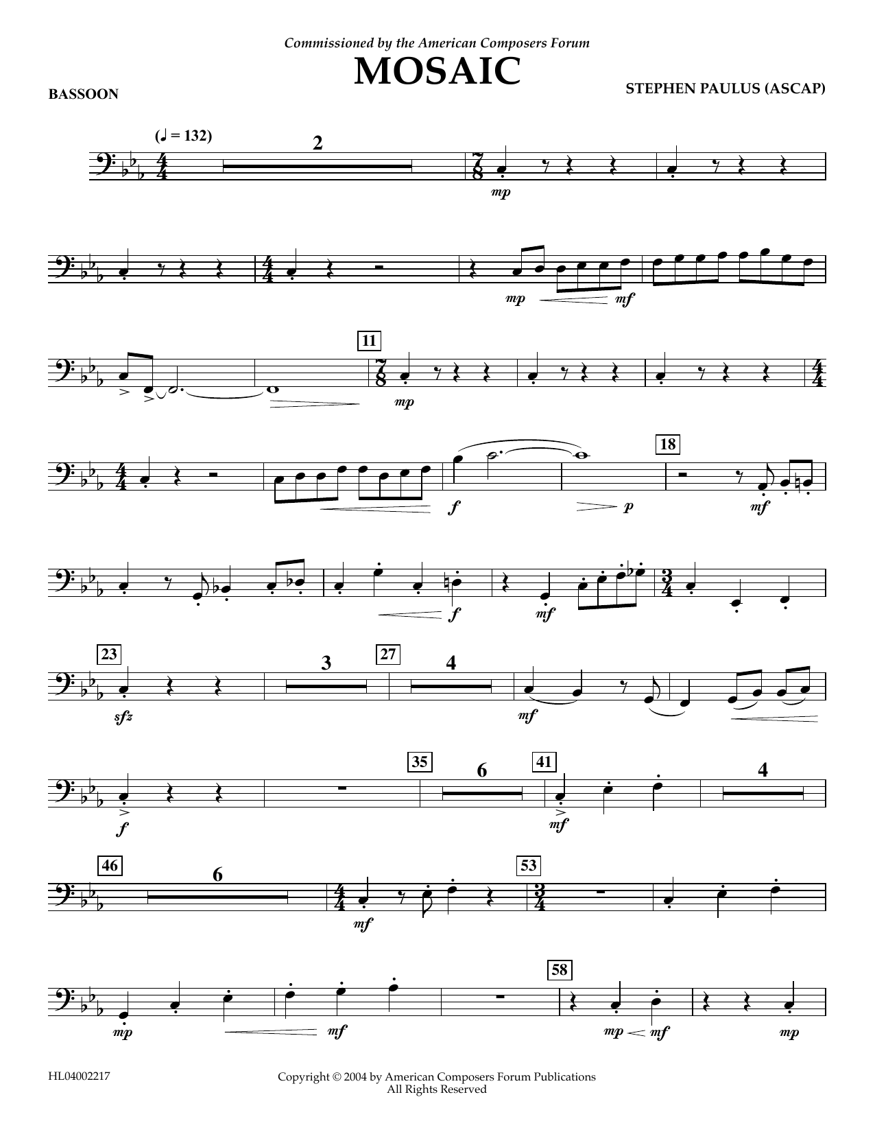 Stephen Paulus Mosaic - Bassoon sheet music notes and chords arranged for Concert Band