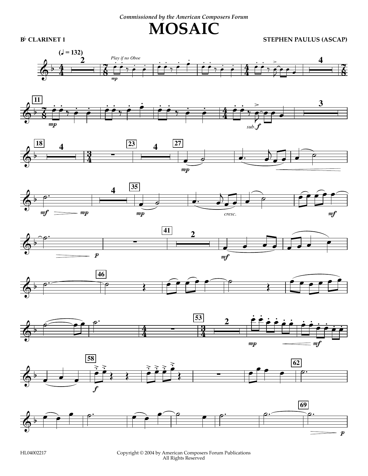 Stephen Paulus Mosaic - Bb Clarinet 1 sheet music notes and chords arranged for Concert Band