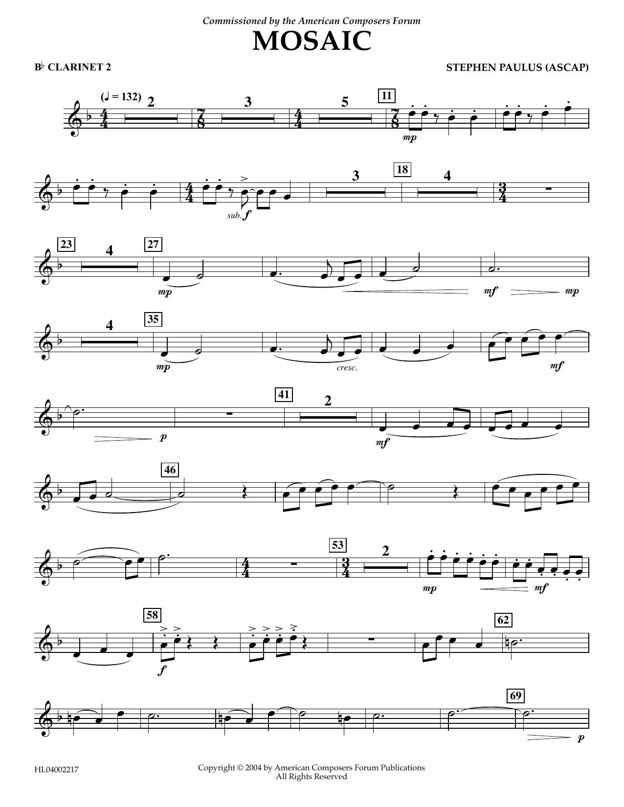 Stephen Paulus Mosaic - Bb Clarinet 2 sheet music notes and chords arranged for Concert Band