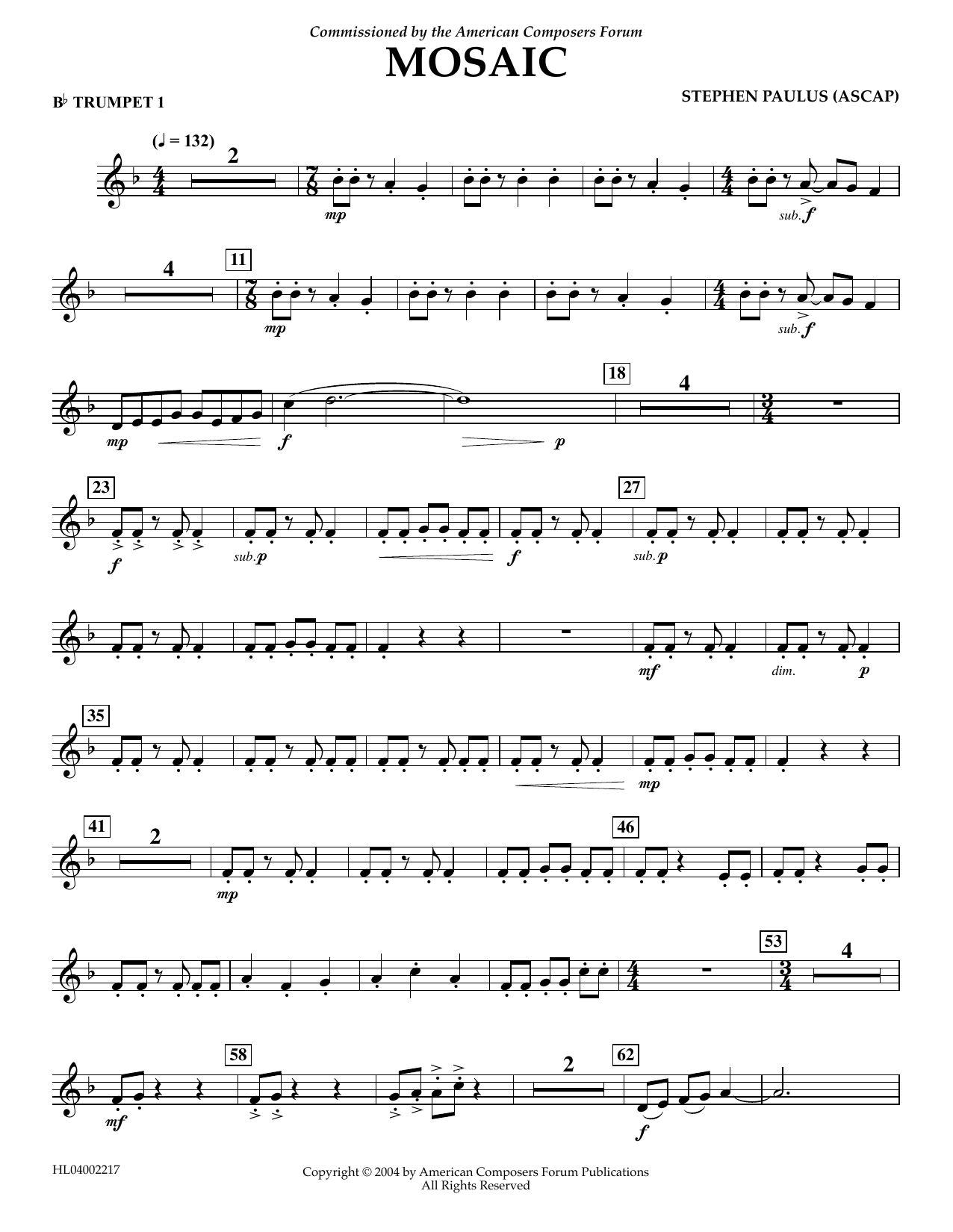 Stephen Paulus Mosaic - Bb Trumpet 1 sheet music notes and chords arranged for Concert Band