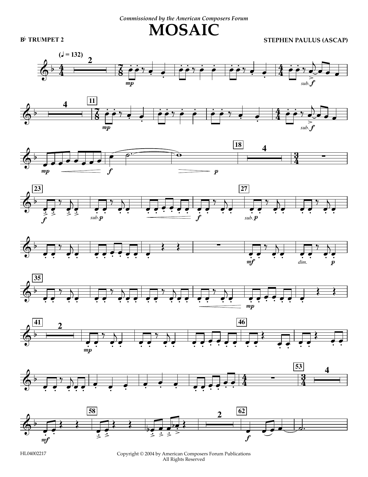 Stephen Paulus Mosaic - Bb Trumpet 2 sheet music notes and chords arranged for Concert Band