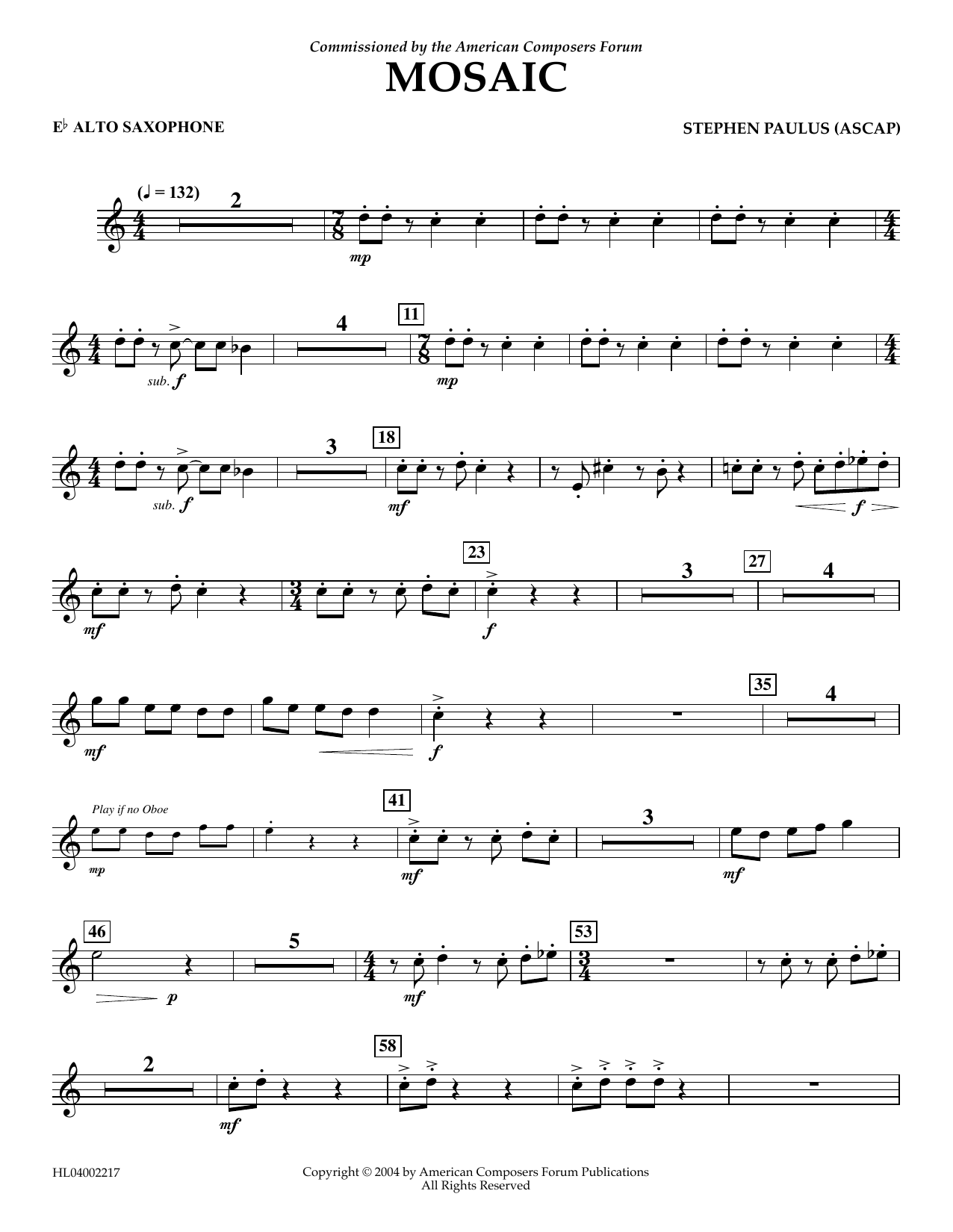 Stephen Paulus Mosaic - Eb Alto Saxophone sheet music notes and chords arranged for Concert Band
