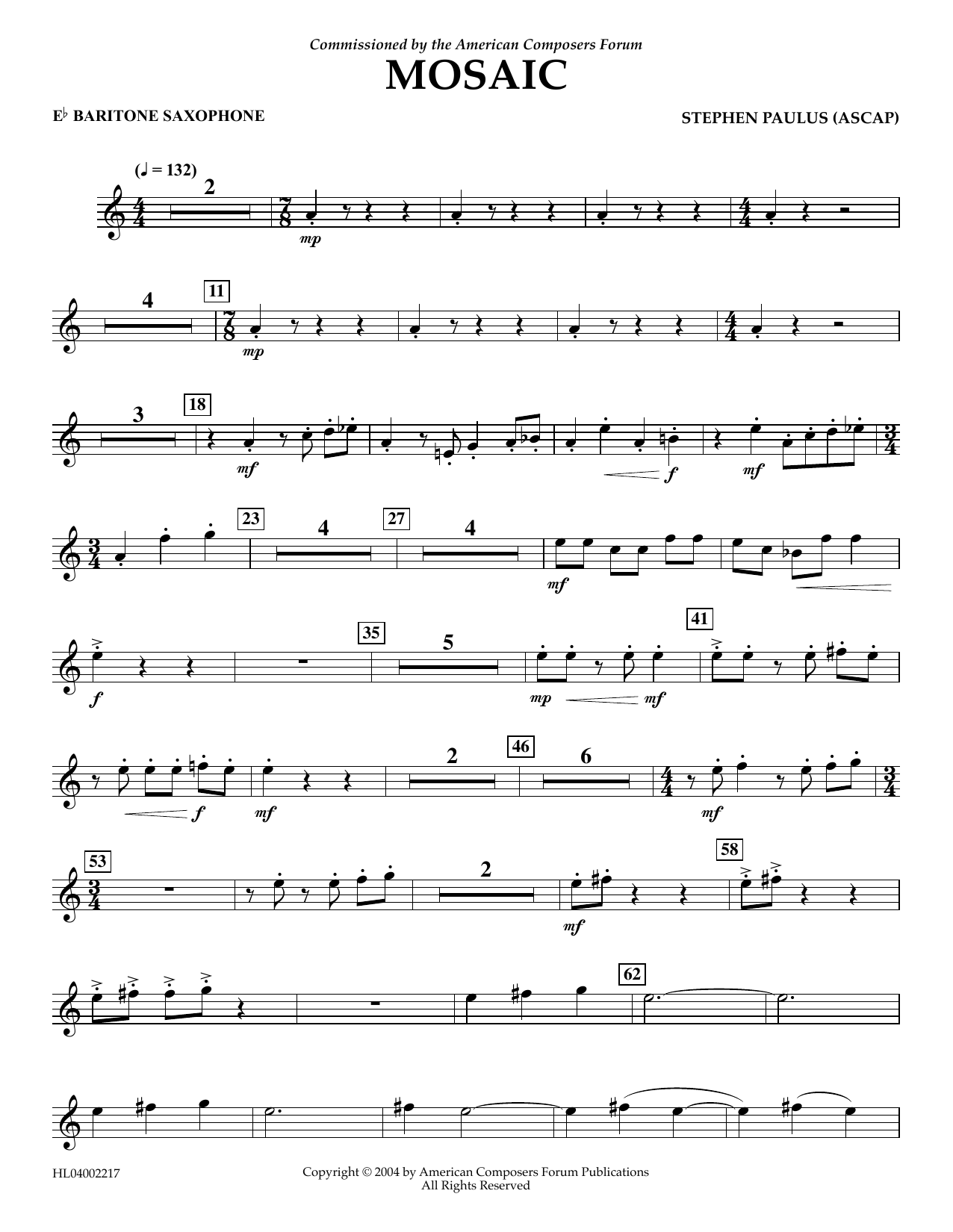 Stephen Paulus Mosaic - Eb Baritone Saxophone sheet music notes and chords arranged for Concert Band
