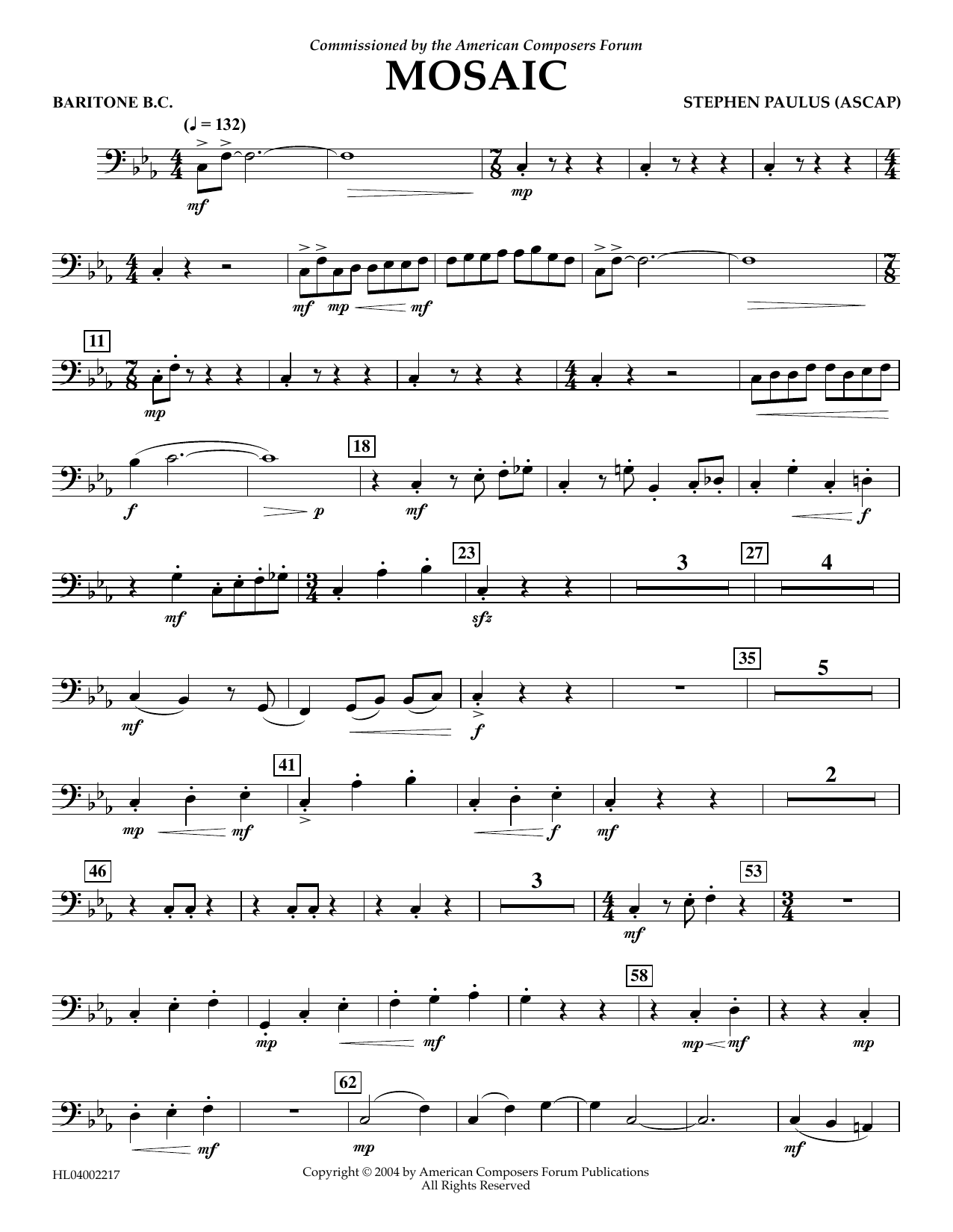 Stephen Paulus Mosaic - Euphonium in Bass Clef sheet music notes and chords arranged for Concert Band
