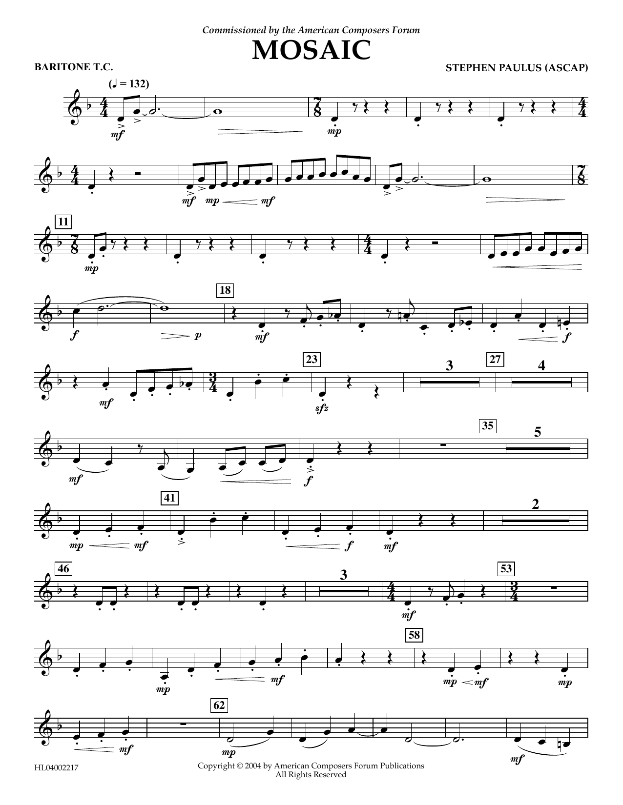Stephen Paulus Mosaic - Euphonium in Treble Clef sheet music notes and chords arranged for Concert Band