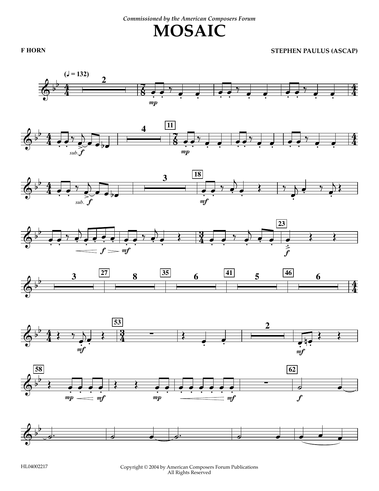 Stephen Paulus Mosaic - F Horn sheet music notes and chords arranged for Concert Band