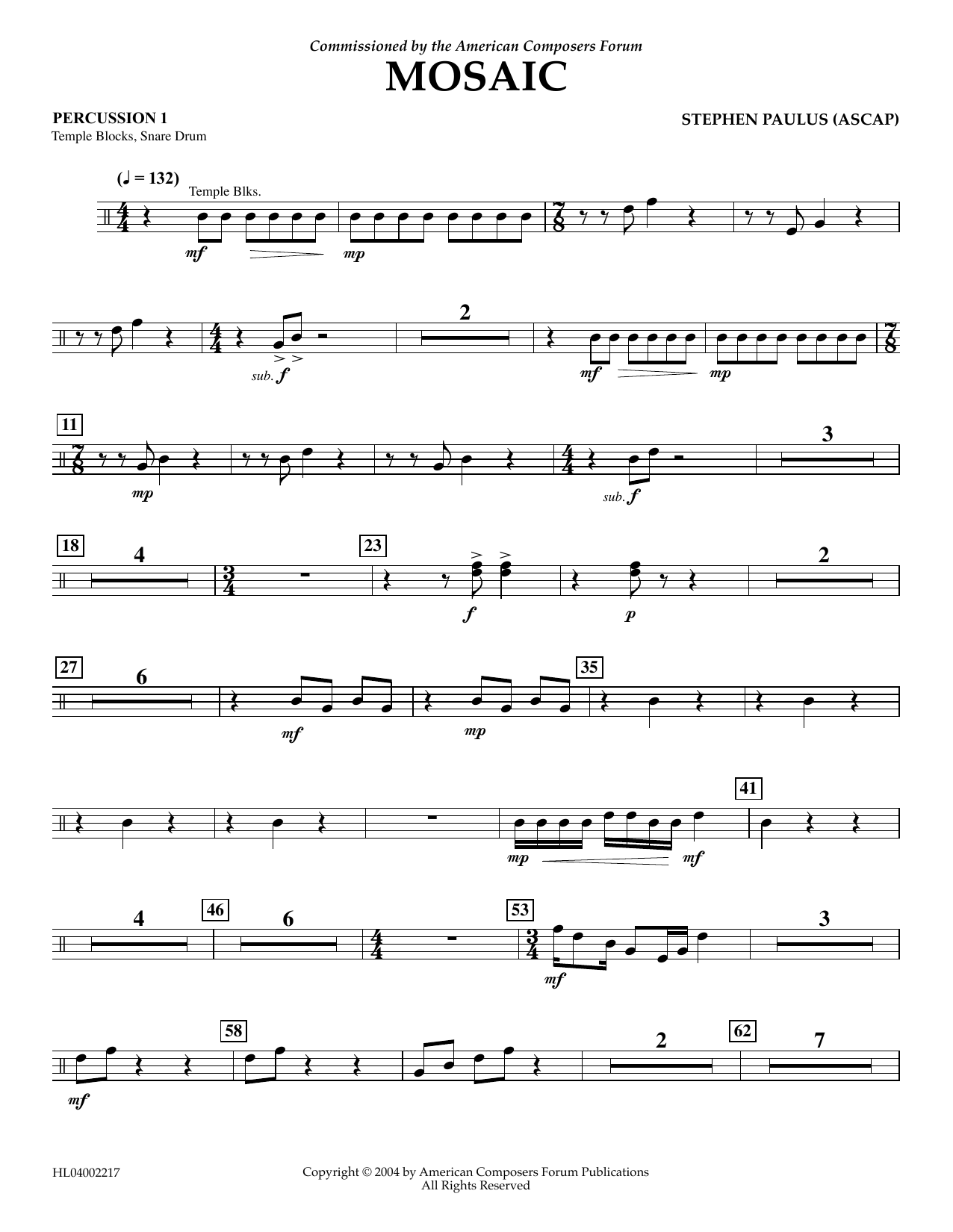 Stephen Paulus Mosaic - Percussion 1 sheet music notes and chords arranged for Concert Band