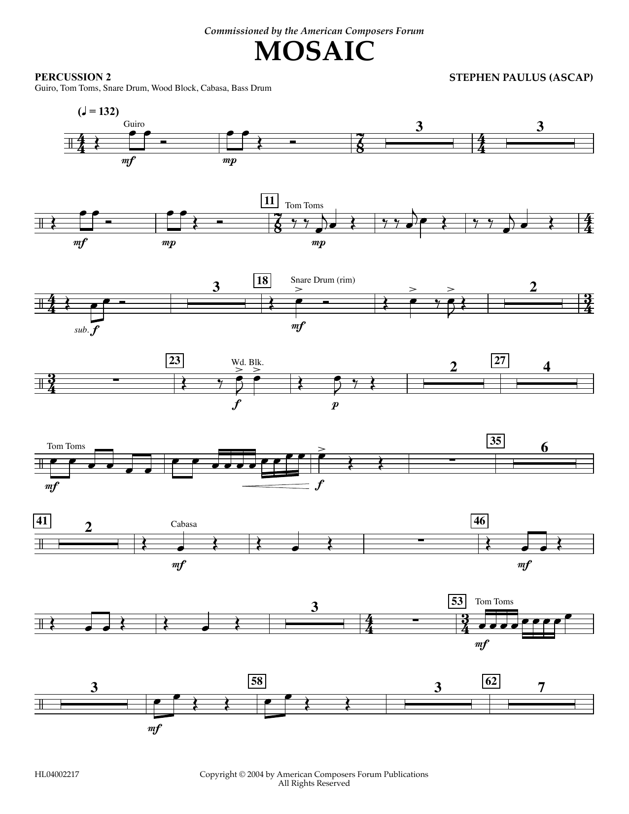 Stephen Paulus Mosaic - Percussion 2 sheet music notes and chords arranged for Concert Band
