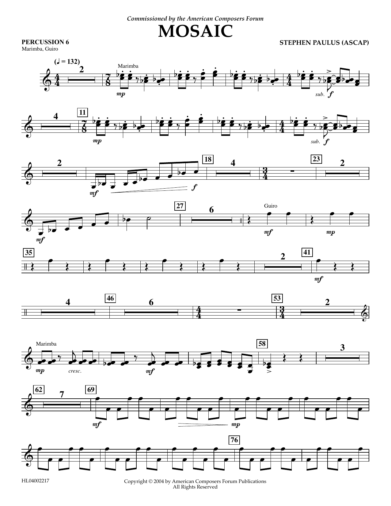 Stephen Paulus Mosaic - Percussion 6 sheet music notes and chords arranged for Concert Band