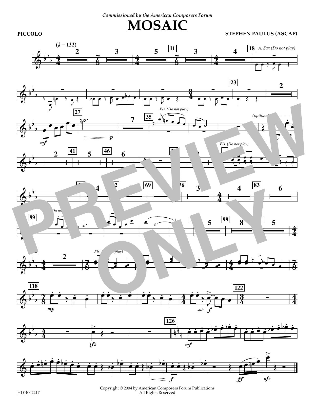 Stephen Paulus Mosaic - Piccolo sheet music notes and chords arranged for Concert Band