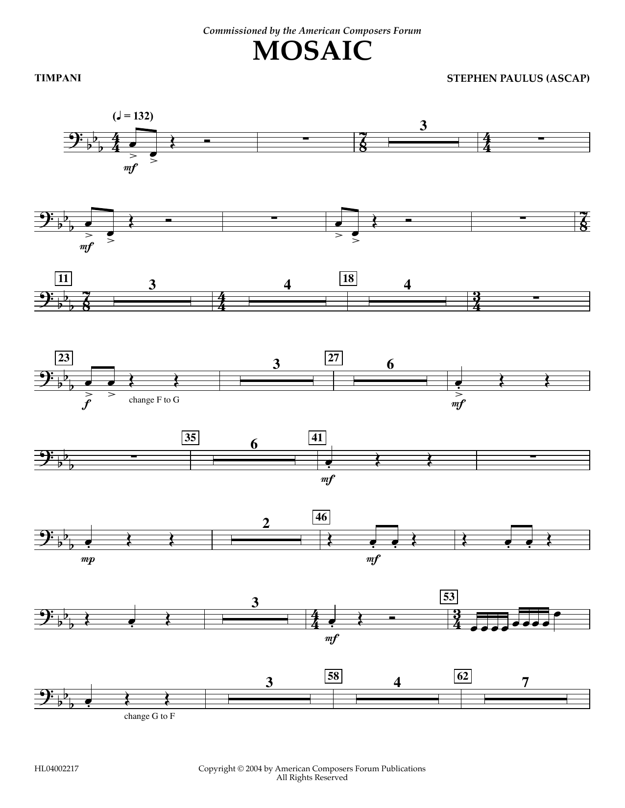 Stephen Paulus Mosaic - Timpani sheet music notes and chords arranged for Concert Band