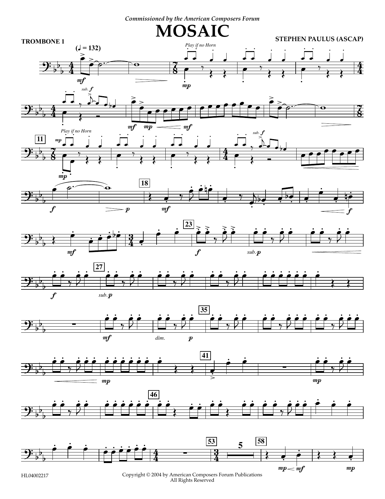 Stephen Paulus Mosaic - Trombone 1 sheet music notes and chords arranged for Concert Band