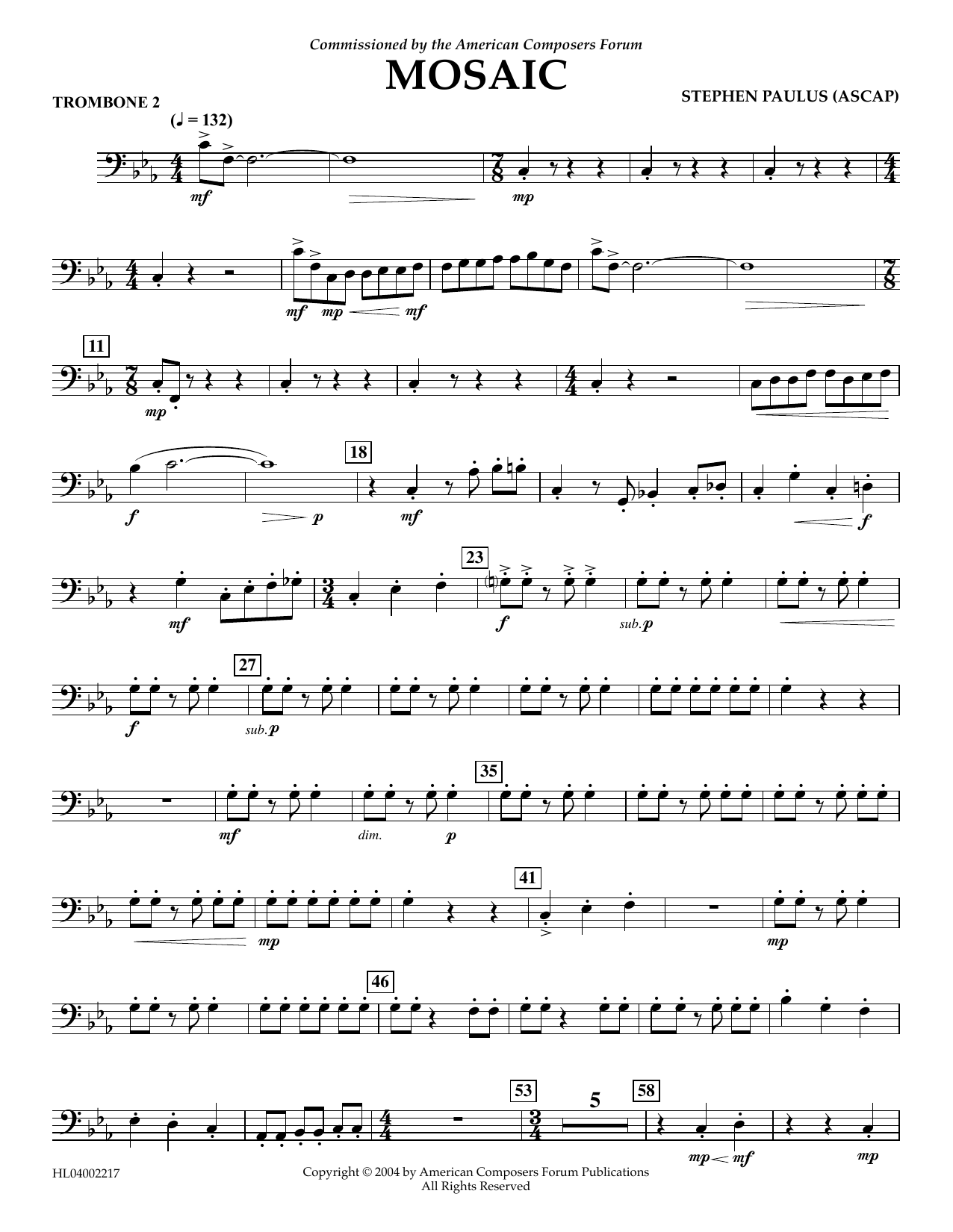 Stephen Paulus Mosaic - Trombone 2 sheet music notes and chords arranged for Concert Band