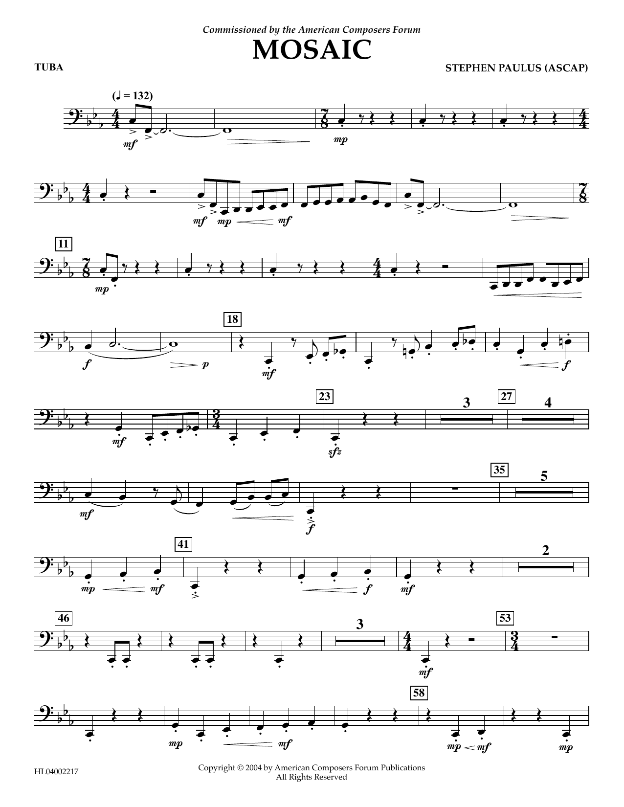 Stephen Paulus Mosaic - Tuba sheet music notes and chords arranged for Concert Band