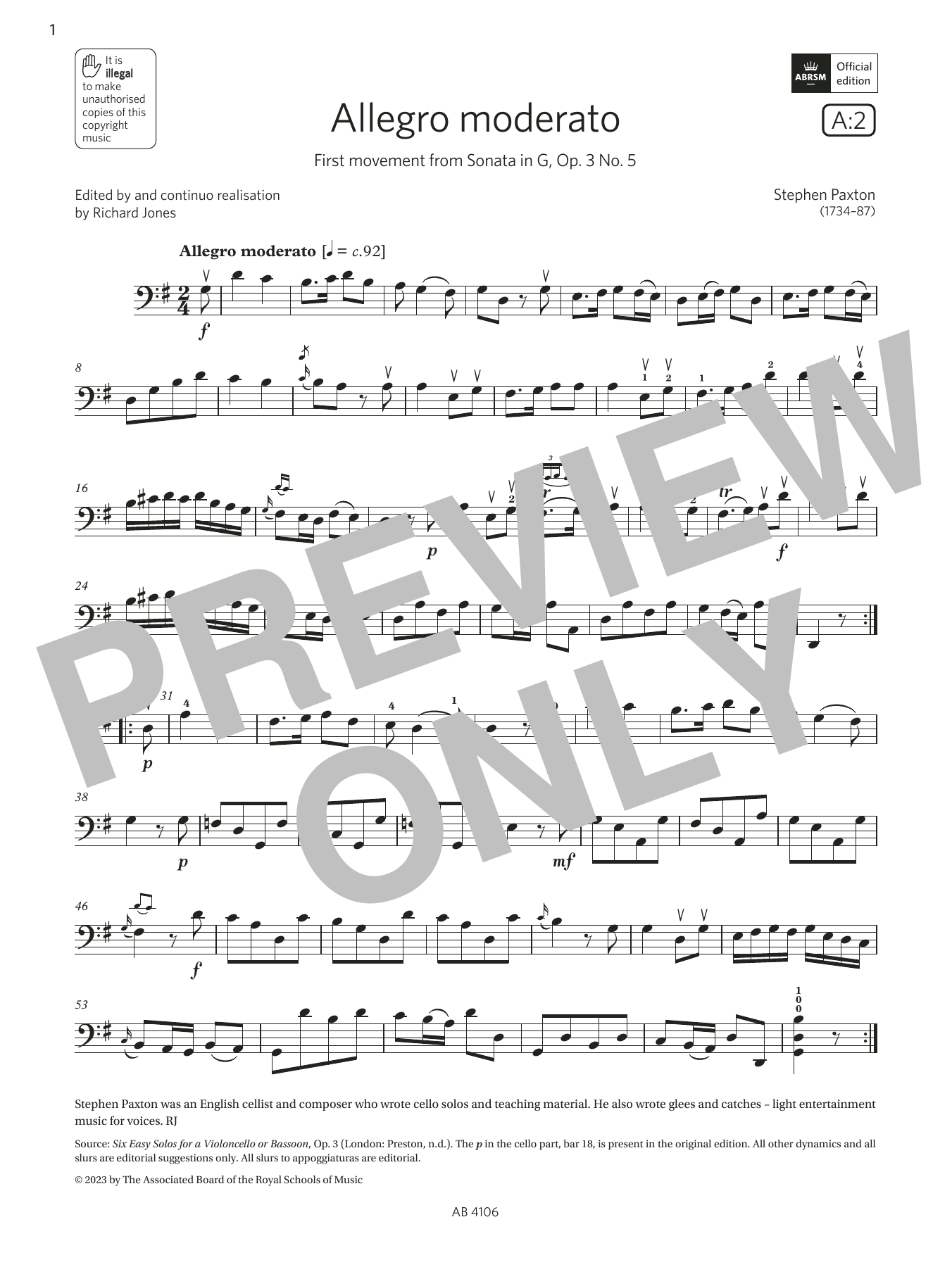 Stephen Paxton Allegro moderato (Grade 3, A2, from the ABRSM Cello Syllabus from 2024) sheet music notes and chords arranged for Cello Solo