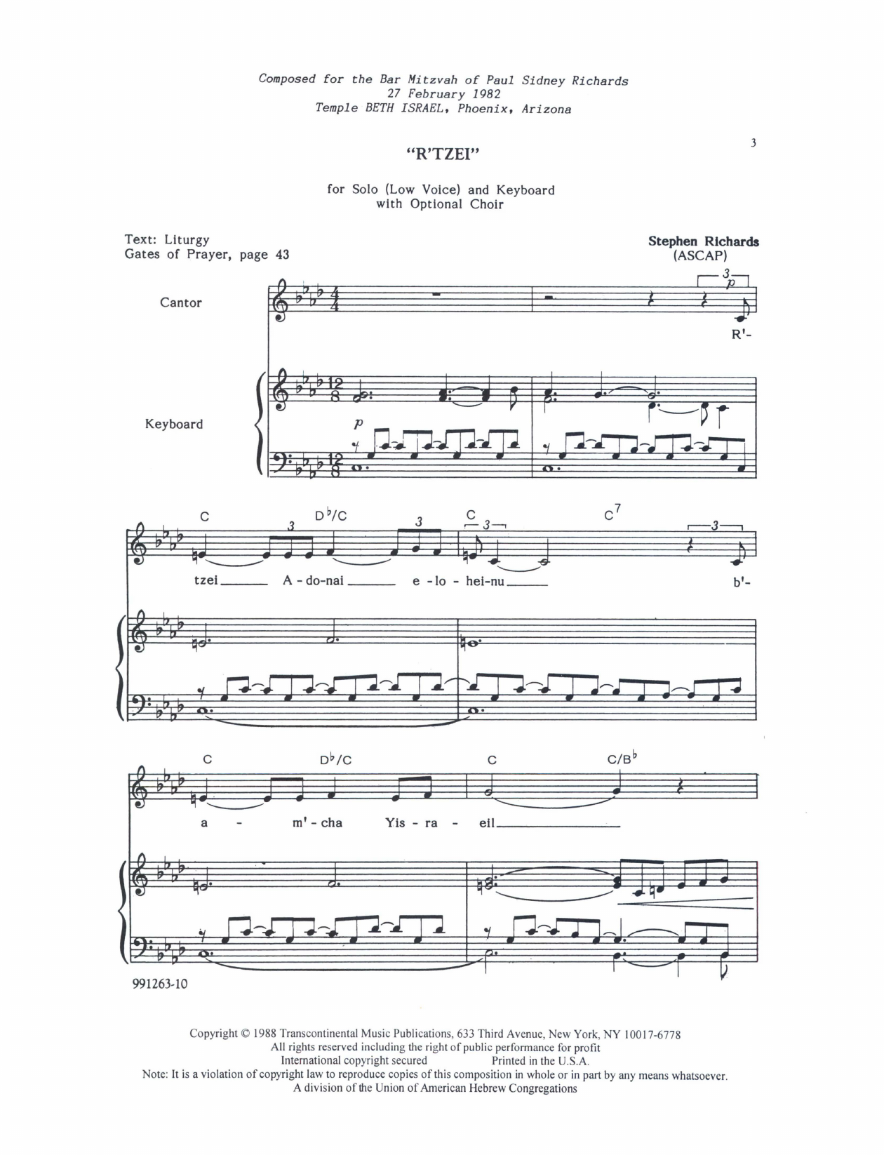 Stephen Richards R'Tzei (for Solo Low Voice with optional SATB Choir) sheet music notes and chords arranged for SATB Choir