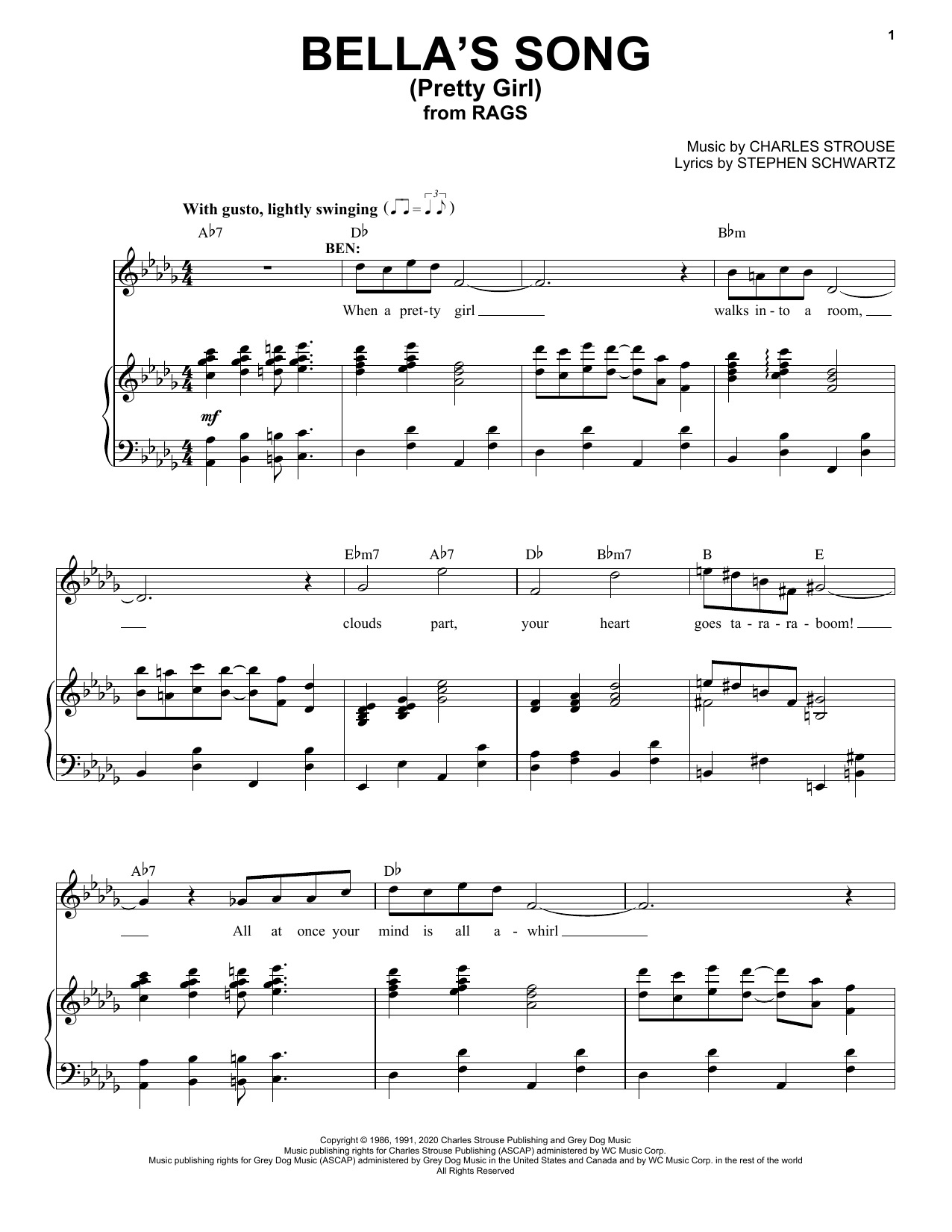 Stephen Schwartz & Charles Strouse Bella's Song (Pretty Girl) (from Rags: The Musical) sheet music notes and chords arranged for Piano & Vocal