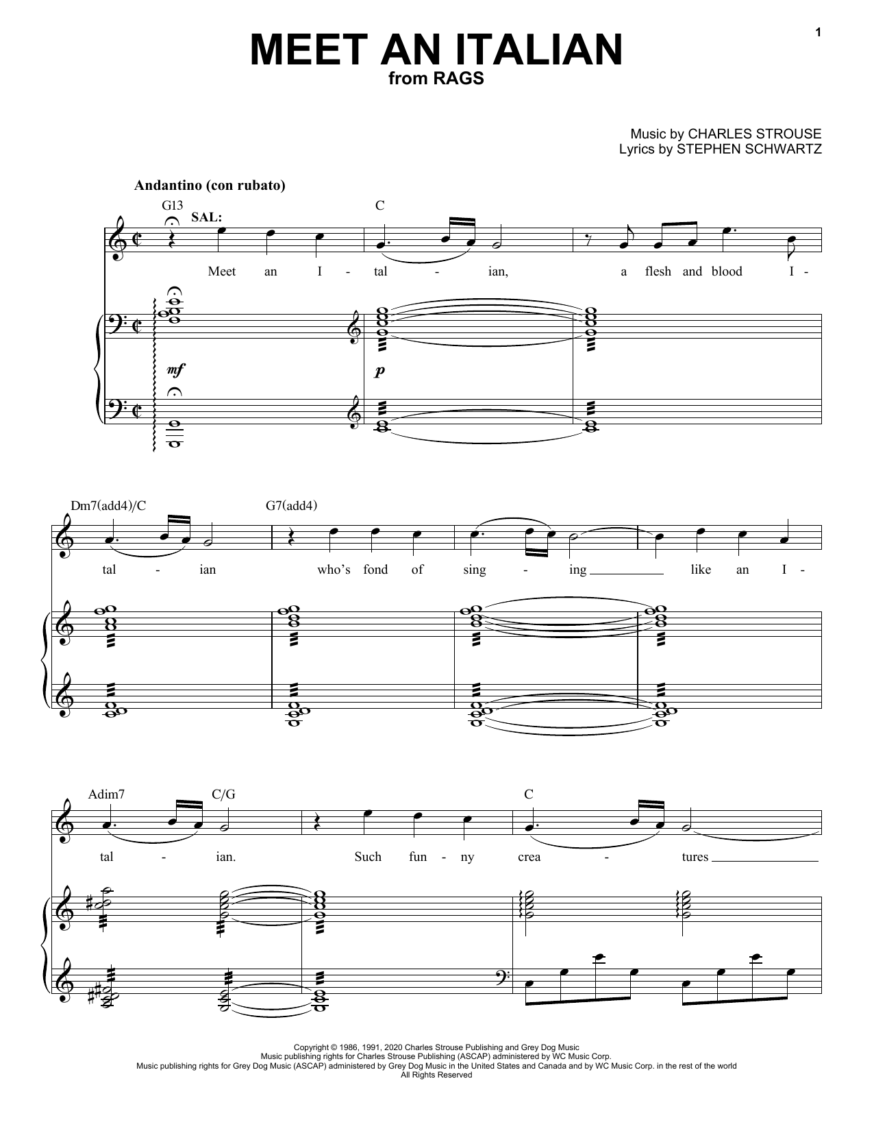 Stephen Schwartz & Charles Strouse Meet An Italian (from Rags: The Musical) sheet music notes and chords arranged for Piano & Vocal