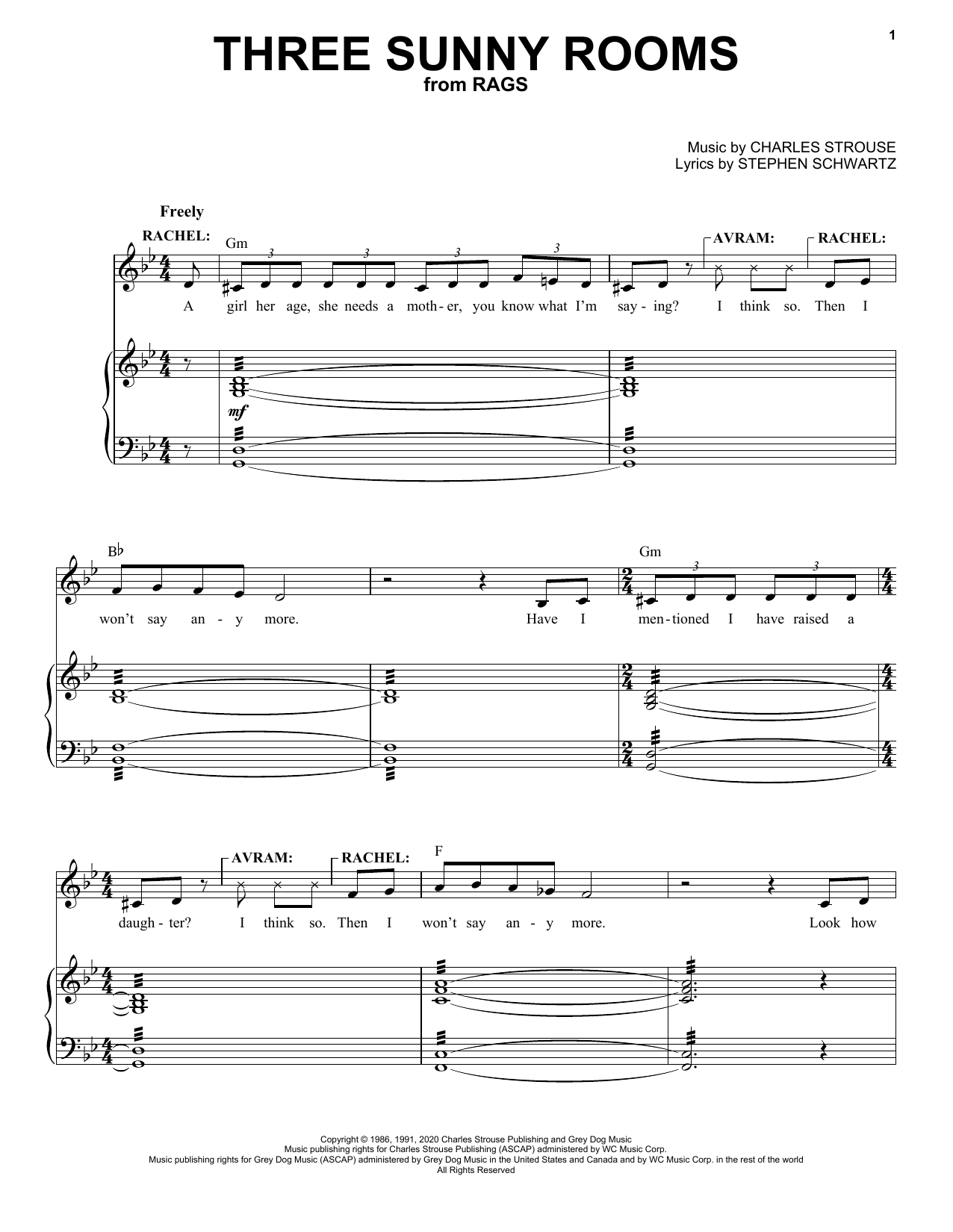 Stephen Schwartz & Charles Strouse Three Sunny Rooms (from Rags: The Musical) sheet music notes and chords arranged for Piano & Vocal