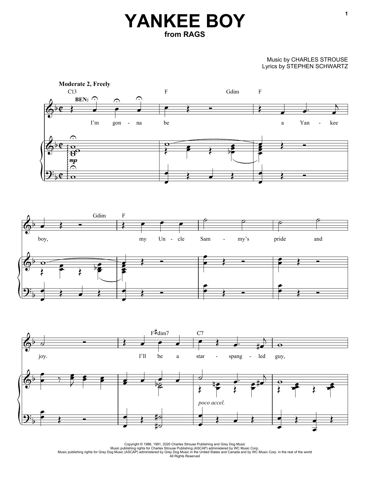 Stephen Schwartz & Charles Strouse Yankee Boy (from Rags: The Musical) sheet music notes and chords arranged for Piano & Vocal