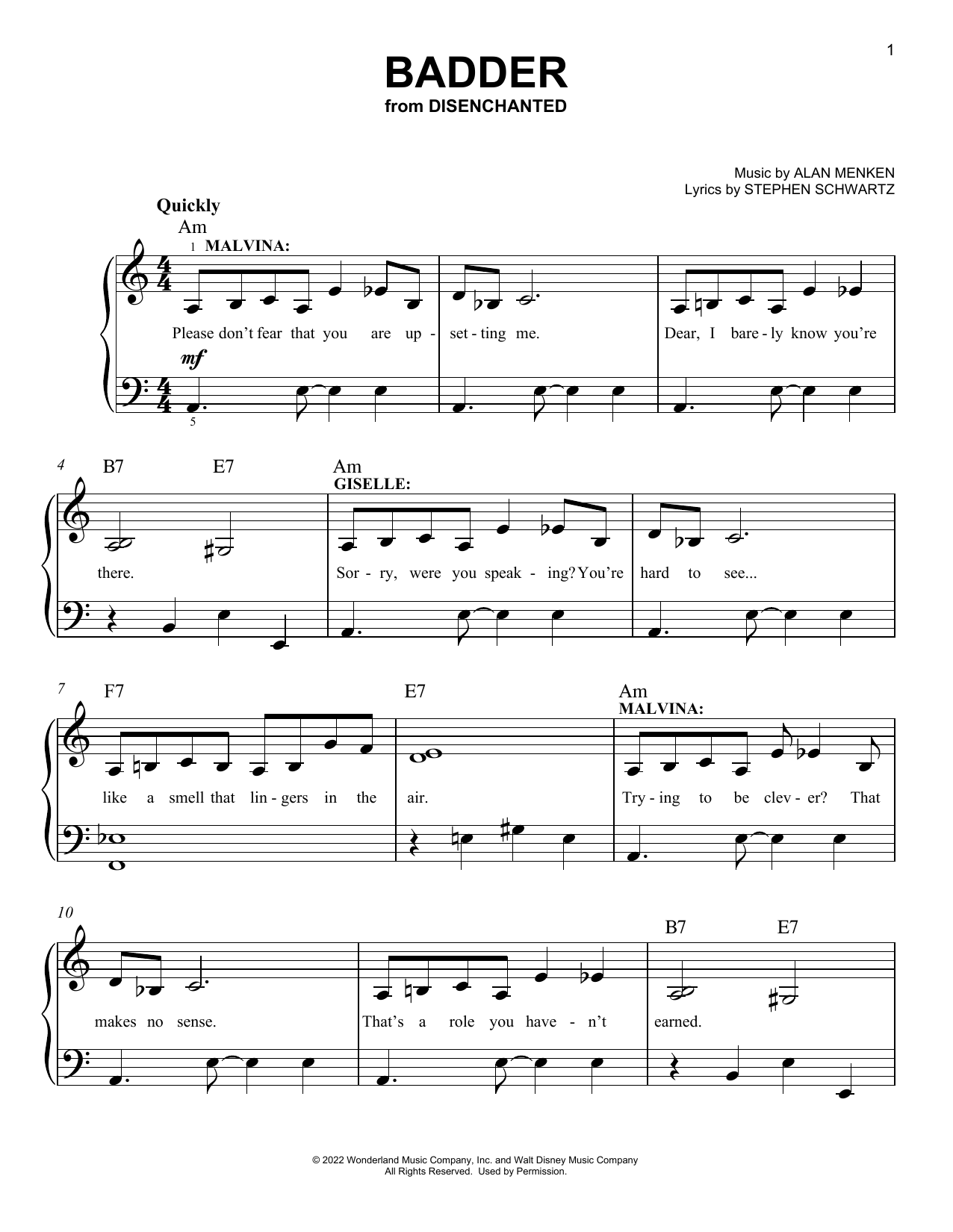 Stephen Schwartz Badder (from Disenchanted) sheet music notes and chords arranged for Easy Piano