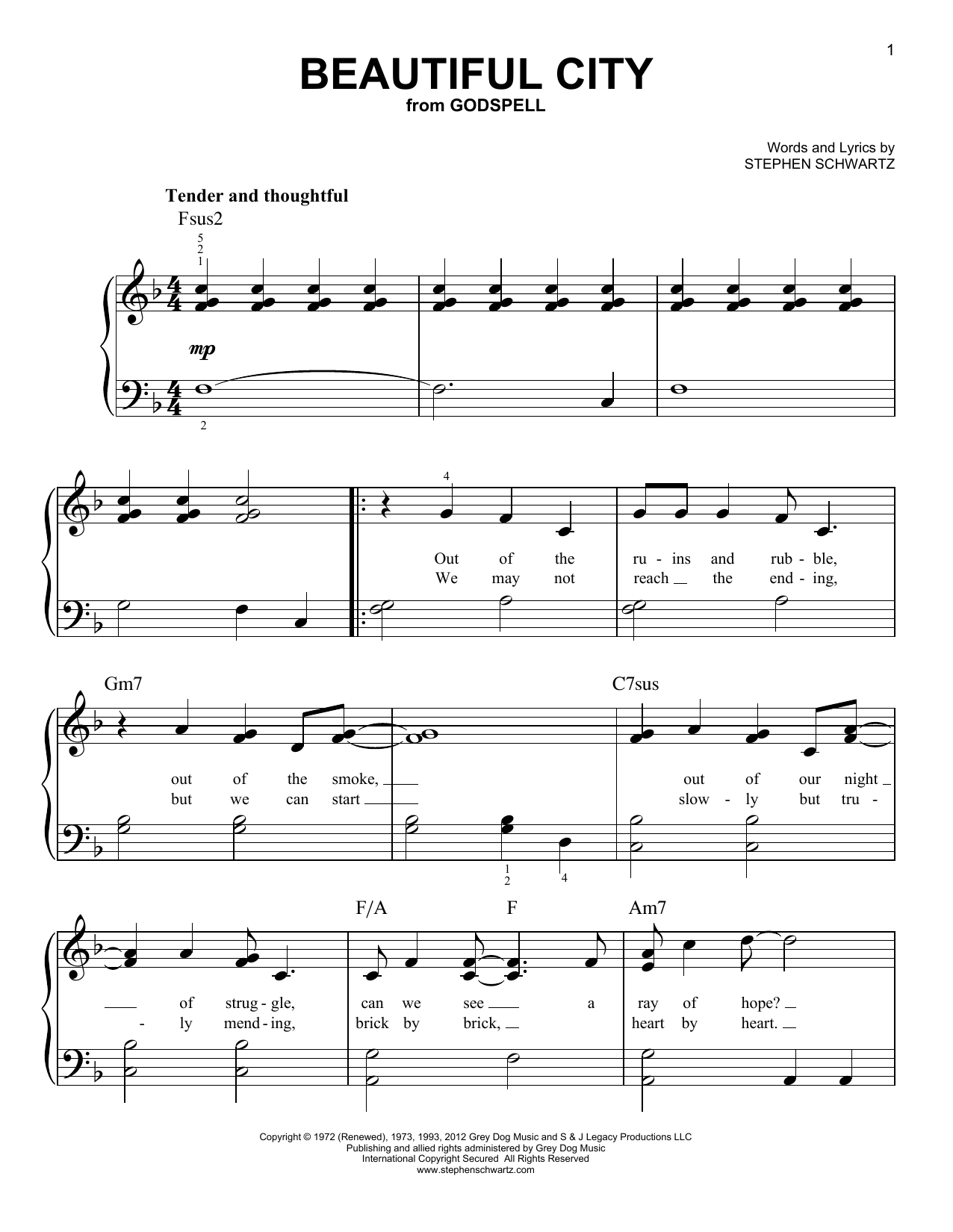 Stephen Schwartz Beautiful City (from Godspell) sheet music notes and chords arranged for Very Easy Piano