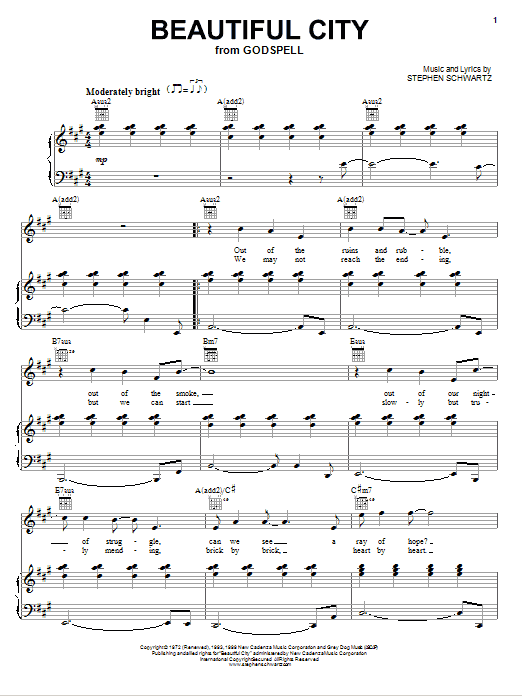 Stephen Schwartz Beautiful City sheet music notes and chords arranged for Piano, Vocal & Guitar Chords (Right-Hand Melody)