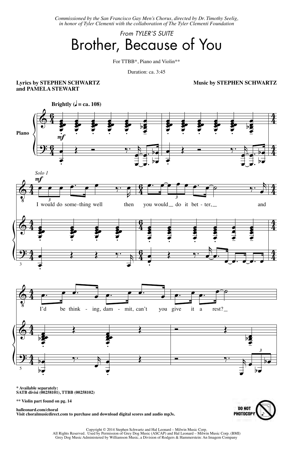 Stephen Schwartz Brother, Because Of You (from Tyler's Suite) (Arr. Sarsony) sheet music notes and chords arranged for TTBB Choir