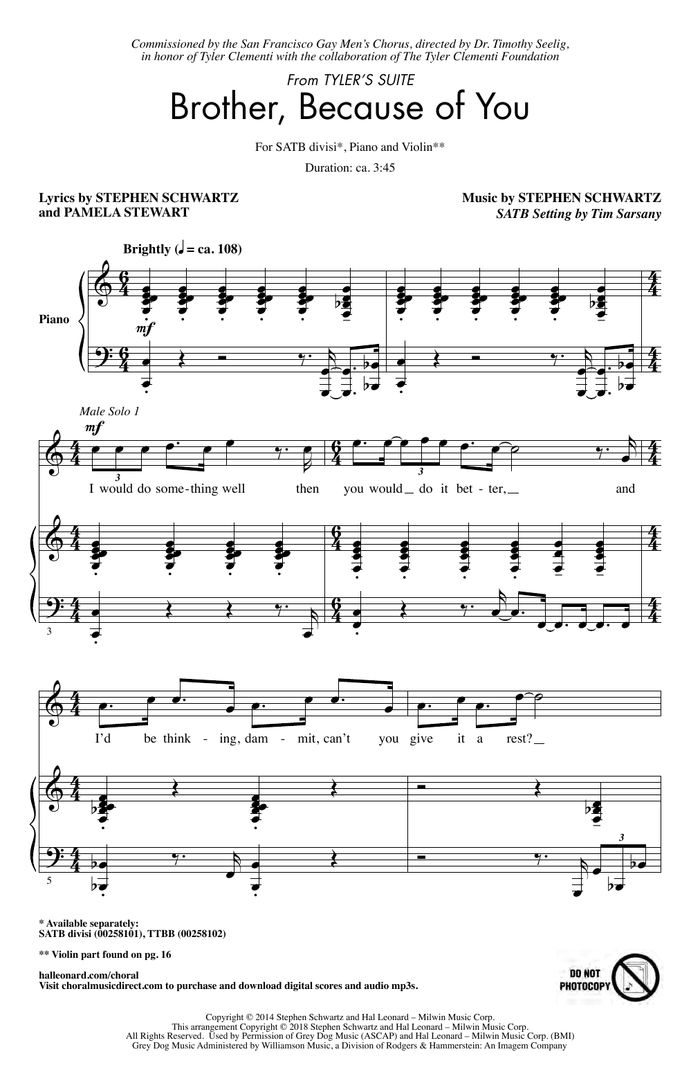 Stephen Schwartz Brother, Because Of You (from Tyler's Suite) (arr. Tim Sarsony) sheet music notes and chords arranged for Choir