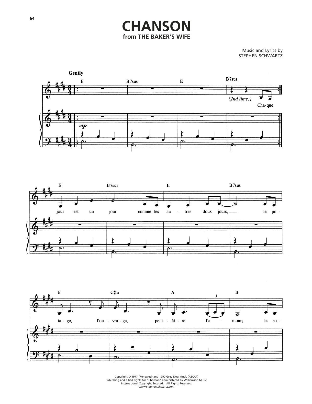 Stephen Schwartz Chanson (from The Baker's Wife) sheet music notes and chords arranged for Piano & Vocal