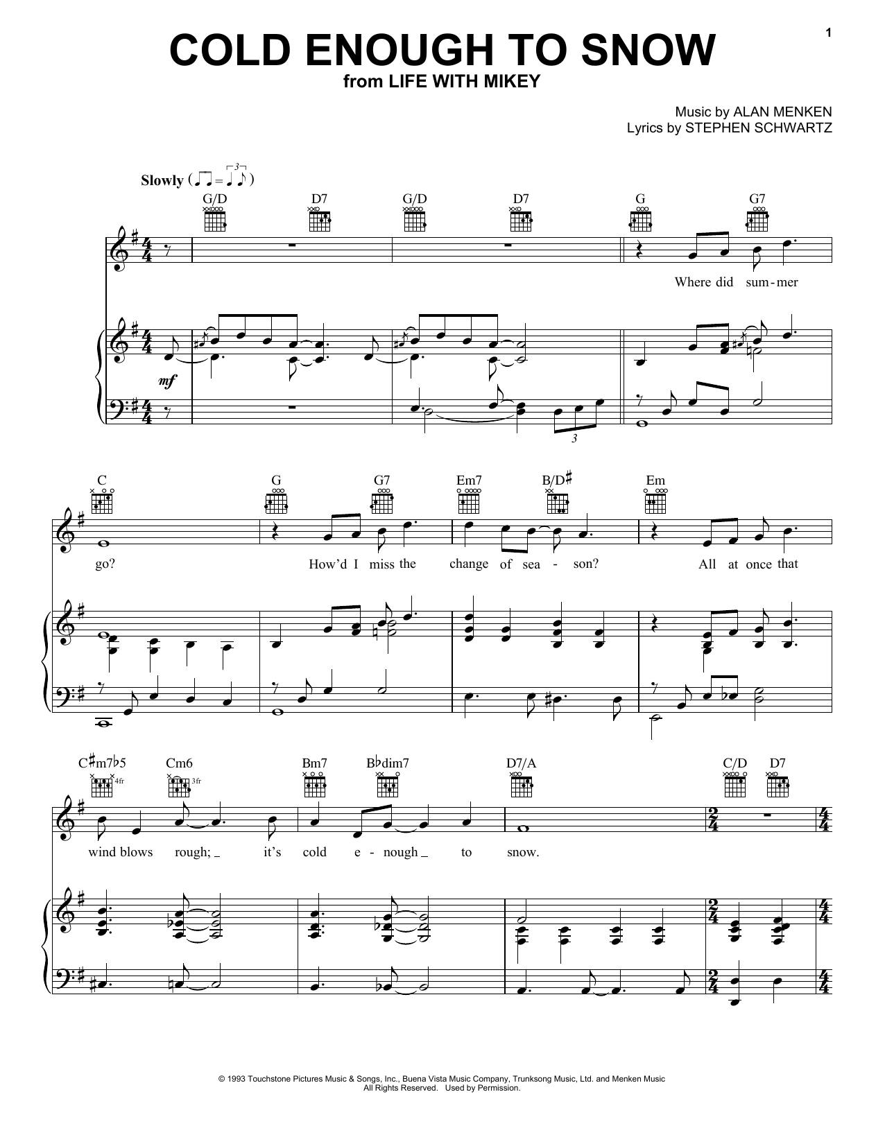 Stephen Schwartz Cold Enough To Snow sheet music notes and chords arranged for Piano & Vocal