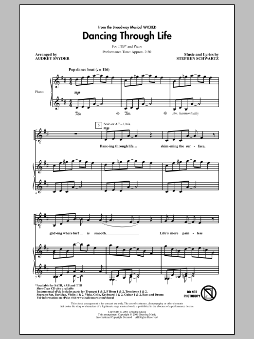 Audrey Snyder Dancing Through Life (from Wicked) sheet music notes and chords arranged for TTB Choir