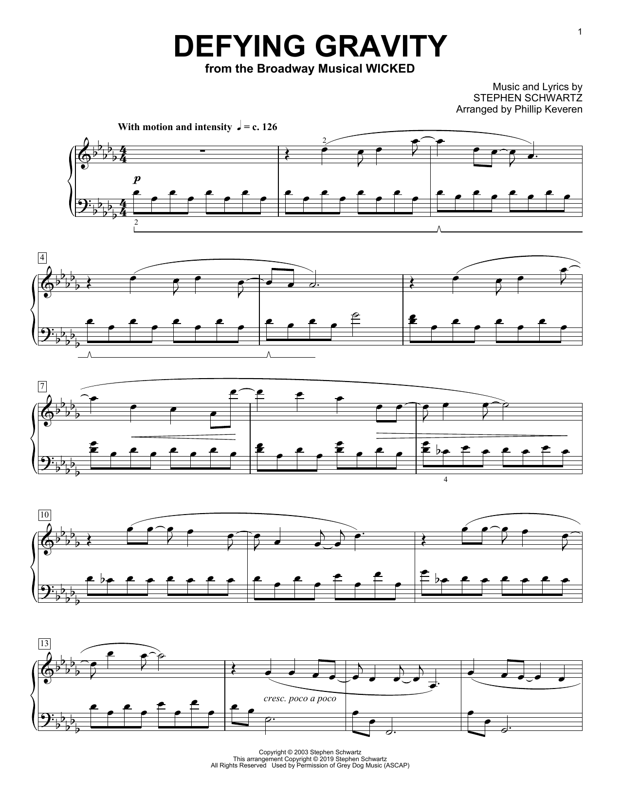 Stephen Schwartz Defying Gravity [Classical version] (from Wicked) (arr. Phillip Keveren) sheet music notes and chords arranged for Piano Solo