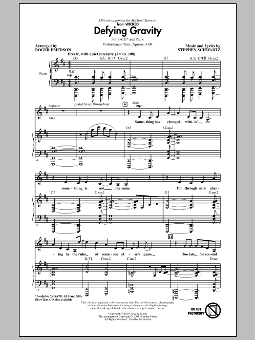 Stephen Schwartz Defying Gravity (from Wicked) (arr. Roger Emerson) sheet music notes and chords arranged for SAB Choir