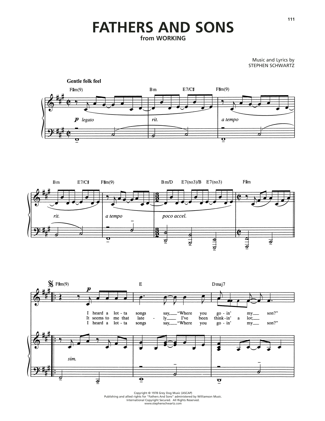 Stephen Schwartz Fathers And Sons (from Working) sheet music notes and chords arranged for Piano & Vocal