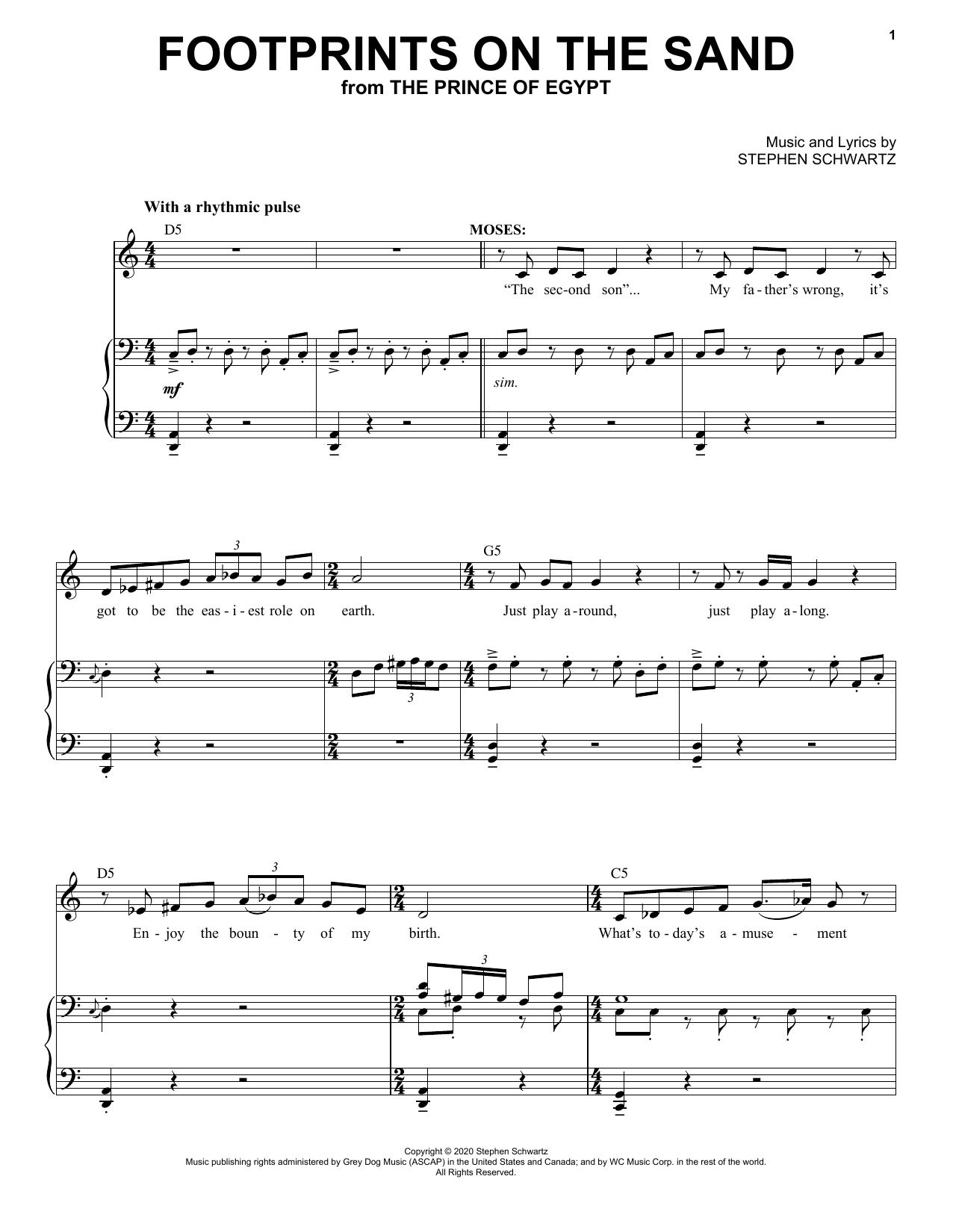 Stephen Schwartz Footprints On The Sand (from The Prince Of Egypt: A New Musical) sheet music notes and chords arranged for Piano & Vocal